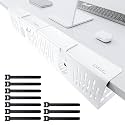 NODOCA No Drill Under Desk Cable Management Tray, 14'' Wire Management, Punch-Free Clamp on, Metal Cable Tray, Wire Organizer Under Desk, Under Desk Basket for Office and Home, White(2 Packs)