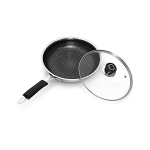 non-stick honeycomb triply stainless steel frying pan with glass lid 24 cm - 23l fast amp even heating induction amp gas
