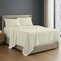NON Sticky cotton 4 Piece Egyptian Cotton Fitted Premium Sheet Set Full XXL, 15 Inch Deep Pocket of Cotton Sheets, Ivory Stripe