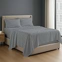 NON Sticky cotton 4 Piece Egyptian Cotton Fitted Premium Sheet Set Full XXL, 9 Inch Deep Pocket of Cotton Sheets, Light Grey Stripe