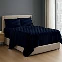 NON Sticky cotton 4 Piece Egyptian Cotton Fitted Premium Sheet Set Full XXL, 6 Inch Deep Pocket of Cotton Sheets, Navy Blue Stripe