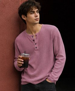 NOOK Self Design Men Henley Neck Pink