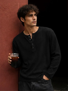 NOOK Self Design Men Henley Neck Black