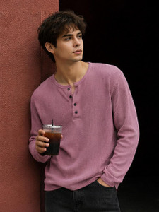 NOOK Self Design Men Henley Neck Pink