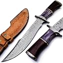 Nooraki BK-42 Handmade Damascus Steel Fixed Blade Bowie Knife with Leather Sheath, Full Tang Multipurpose Knife with Solid Marindi Wood and Bull Horn Bone Handle for Outdoor Use, 15", B/White
