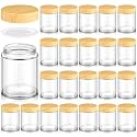 Norme 24 Pcs 6oz Glass Jars with Lids Empty Small Glass Containers and Inner Liners Reusable Cosmetic Jars Round Airtight Bottles with Plastic Wood Grain Lids for Travel