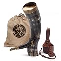Norse Tradesman Genuine 20" Ox-Horn Viking Drinking Horn with Antique Brass Rim &amp; Wolf Tip, Fitted Stand &amp; Burlap Gift Sack - The Fenrir, 20-Inches