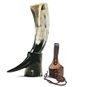 Norse Tradesman Genuine Ox-Horn Viking Drinking Horn with Belt Holster and Fitted Stand (High Polish - Brass Rim, 12 Inches)