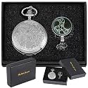 Tiong Retro Nostalgia Quartz Pocket Watch with Necklace Chain Blue Pendant &amp; Gift Box (Green)