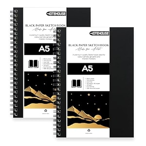 notehouse a5 spiral professional art notebook 14x21 cm  80 black unruled pages - pack of 2pcs  thick smooth drawing paper  black hard cover