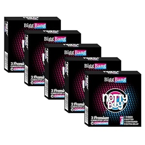 notty boy value pack - biggbang 4-in-one delay dotted ribbed contoured fit shape long duration ultimate stimulation condoms - set of 5 15 units