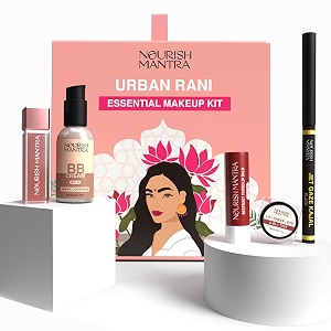 nourish mantra urban rani essential makeup kit  5-piece makeup set for women  bb cream black kajal liquid lipstick tinted lip balm amp lip and cheek tint  everyday makeup essentials  women gift set