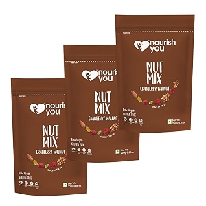nourish you cranberry walnut superfood nut mix - dried cranberries  walnuts  almonds  black raisins  pumpkin seeds - healthy snack-250 gm each pack of 3