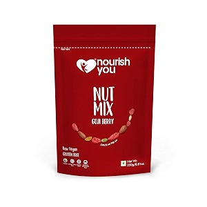nourish you goji berry nut mix 5 superfoods in 1 trail mix dried goji berries  almonds  black raisins  watermelon and pumpkin seeds high in vitamins and minerals  250g pack of 1