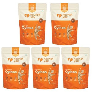 nourish you premium white quinoa 25 kg saponin free high protein breakfast cereals - quinoa salads chillakhichdi bowls - diet food for weight management - pack of 5 - combo