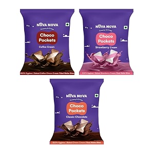 nova nova choco pockets  assorted chocolate strawberry amp coffee cream filled wafers  100 eggless 90g