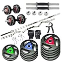 90Kg Home Gym Weight Set with Rubber Coated Weight Plates, 5Ft Straight Rod, 3Ft Curl Rod (25mm), Steel Dumbbell Rods, Workout Gloves &amp; Hand Gripper for Fitness Training
