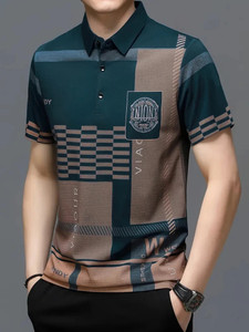 now or never men printed polo neck polyester blue t-shirt