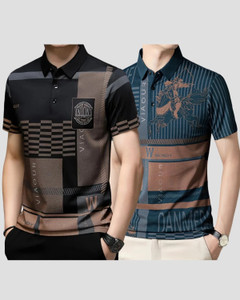 now or never printed men polo neck black blue t-shirt