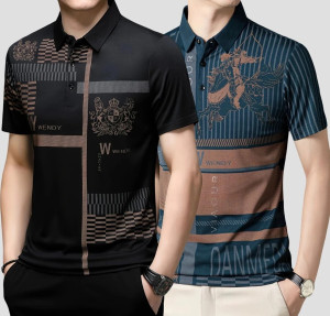 now or never printed men polo neck black blue t-shirt