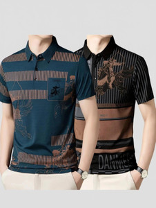 now or never pack of 2 men printed polo neck elastane black blue t-shirt