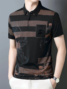 now or never printed men polo neck black t-shirt
