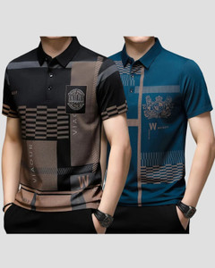 now or never printed men polo neck black blue t-shirt