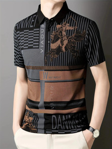 now or never printed men polo neck black t-shirt