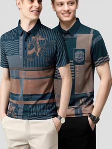 now or never printed men polo neck blue t-shirt