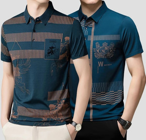 now or never printed men polo neck blue t-shirt