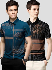 now or never printed men polo neck black blue t-shirt