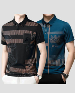 now or never printed men polo neck black blue t-shirt