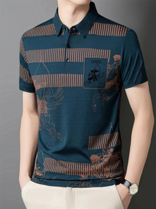now or never men printed polo neck elastane blue t-shirt