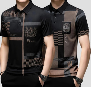 now or never pack of 2 men printed polo neck elastane black t-shirt
