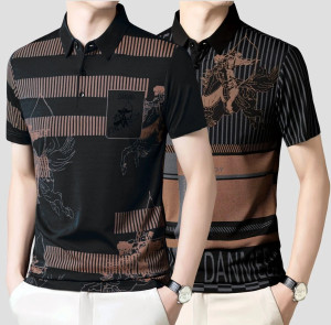 now or never printed men polo neck black t-shirt