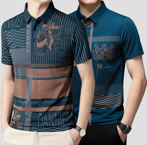 now or never pack of 2 men printed polo neck elastane blue t-shirt