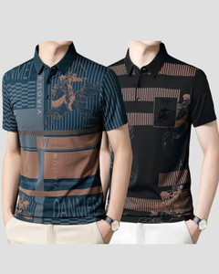 now or never printed men polo neck black blue t-shirt