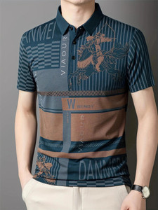 now or never printed men polo neck blue t-shirt