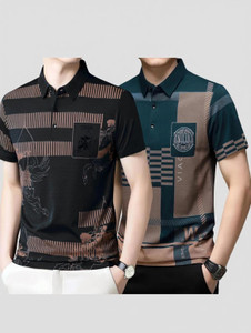 now or never printed men polo neck black blue t-shirt