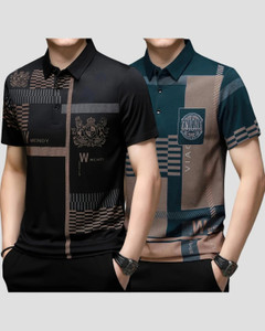 now or never printed men polo neck black blue t-shirt