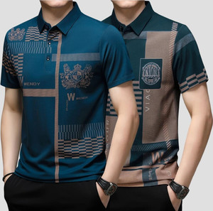 now or never printed men polo neck blue t-shirt