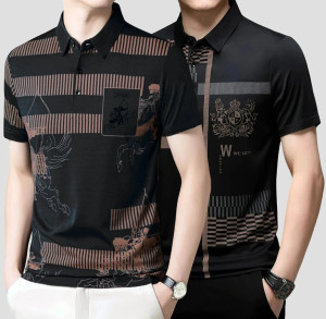 now or never printed men polo neck black t-shirt