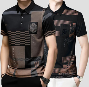 now or never printed men polo neck black t-shirt