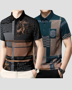 now or never printed men polo neck black blue t-shirt