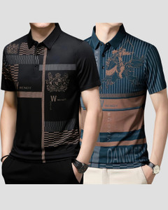 now or never printed men polo neck black blue t-shirt