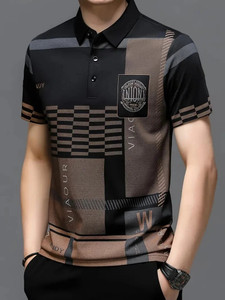now or never printed men polo neck black t-shirt