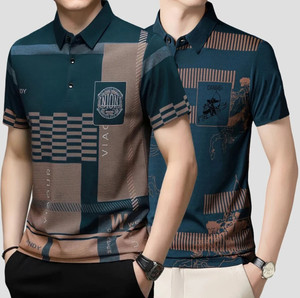 now or never printed men polo neck blue t-shirt