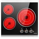Noxton 3 Burners Electric Cooktop 24 Inch Electric Stove Top, Built-in 24" Radiant Ceramic Cooktop Knob Control, Hot Surface Indicator,5700W, 240V Hard Wire