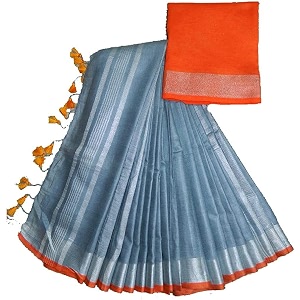 nr handloom  women39s cotton linen slub saree with contrast unstitched blouse piece and zari border amp pallu_free size_variation_