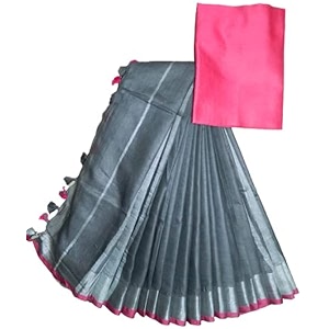 nr handloom  women39s cotton linen slub saree with contrast unstitched blouse piece and zari border amp pallu_free size_variation_